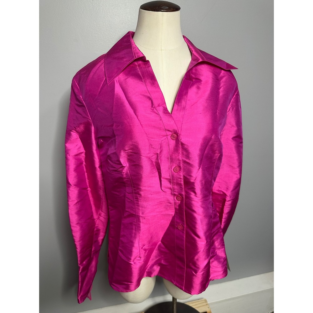 Allison Taylor Pink 100% Silk Shantung Button Down Blouse Tie Cuff NWT Large